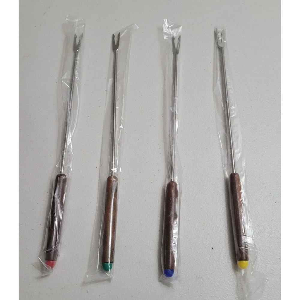 Vintage Style Fondue Fork Set 4pc Wood Handle Color Coded Tips Stainless Steel